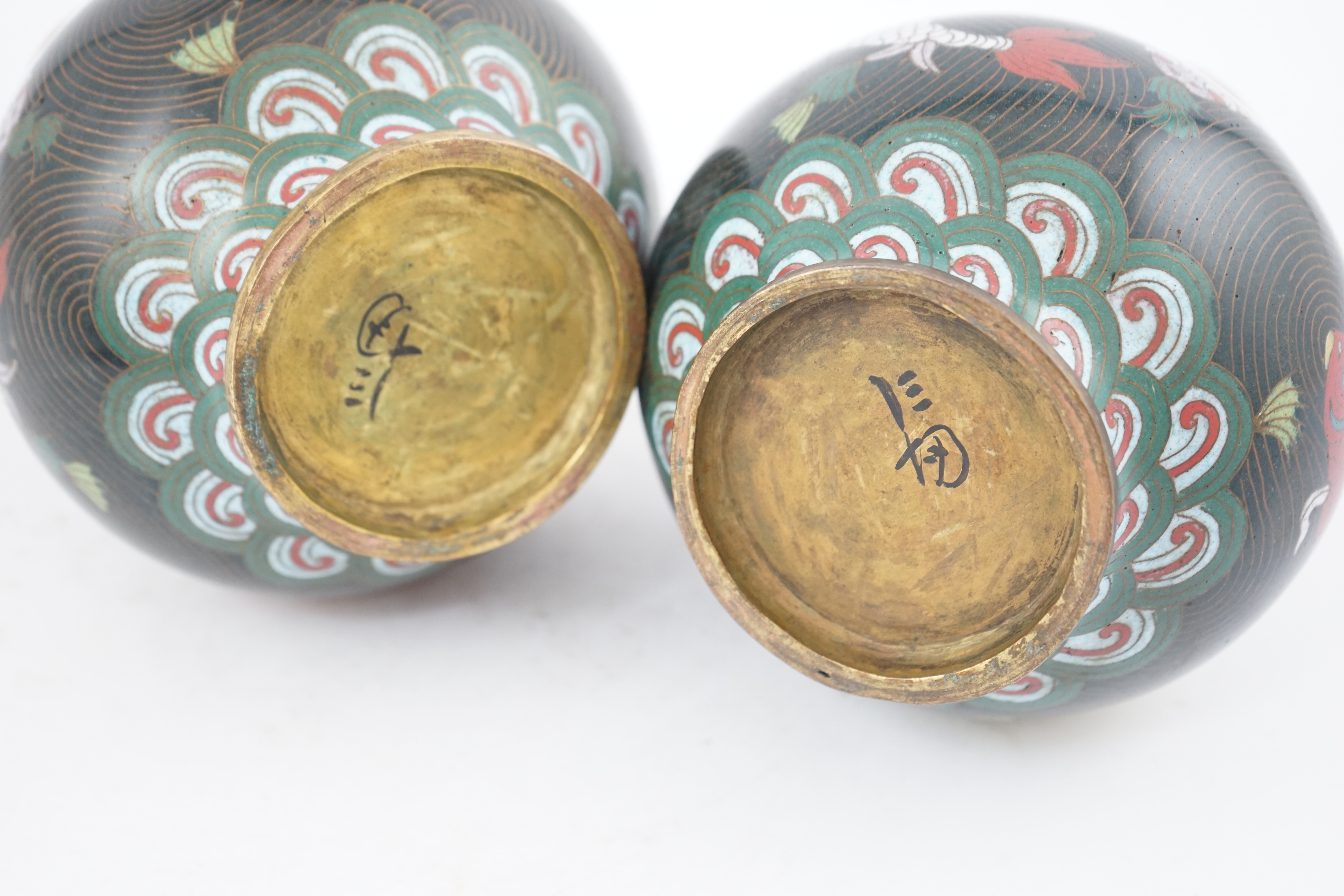 A pair of Chinese cloisonné enamel ‘goldfish’ vases, probably Jiaqing period (1796-1820)